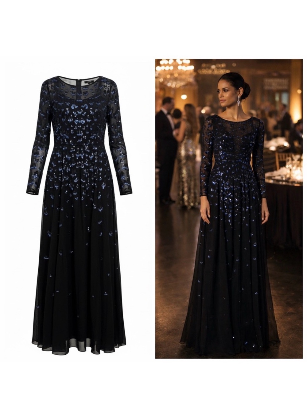 Temperley London Black Blue Sequin Gown Maxi Dress Sheer 6 Formal Wedding Guest